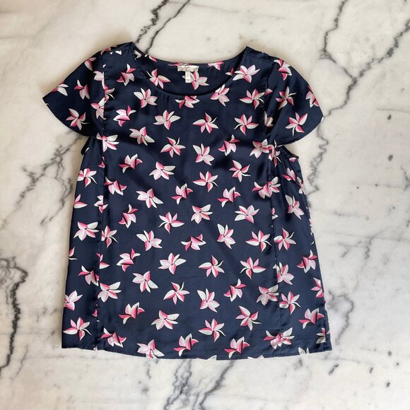 Joie Silk Navy and Floral Short Sleeve Blouse - Picture 3 of 8